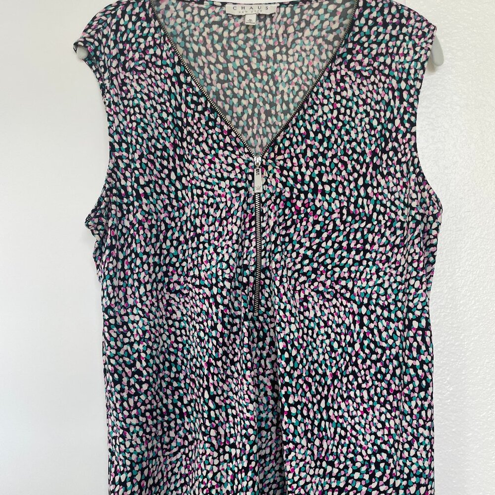 Chaus Sleeveless Blouse in Colorful, Abstract Dot Print,‎ Zipper Front,  Size M